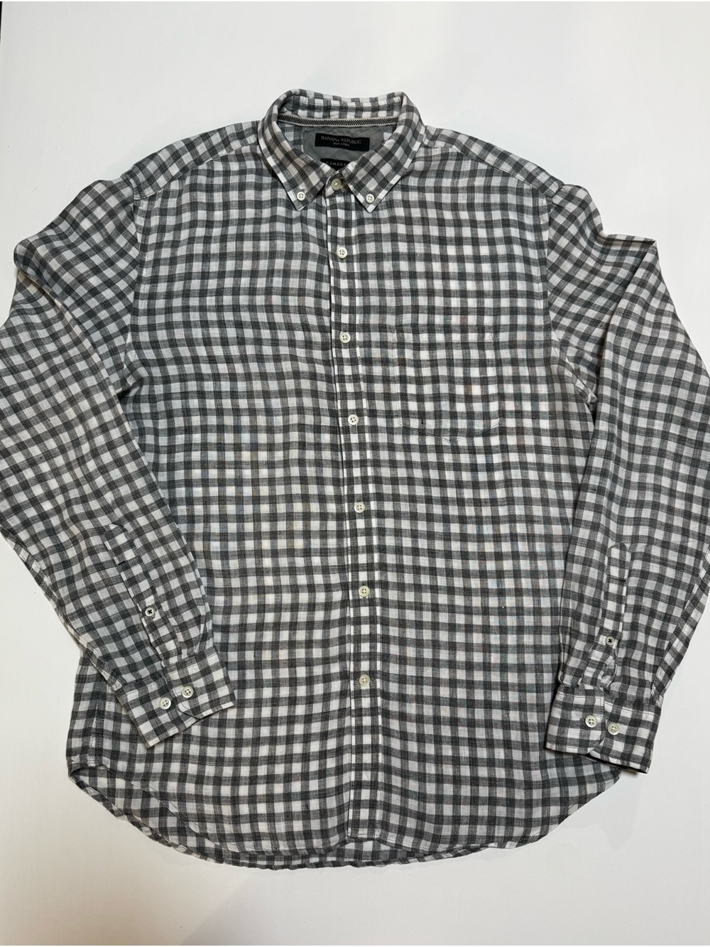 Banana Republic Camden Fit Men’s 100% Linen Shirt, Gray/White Check, M